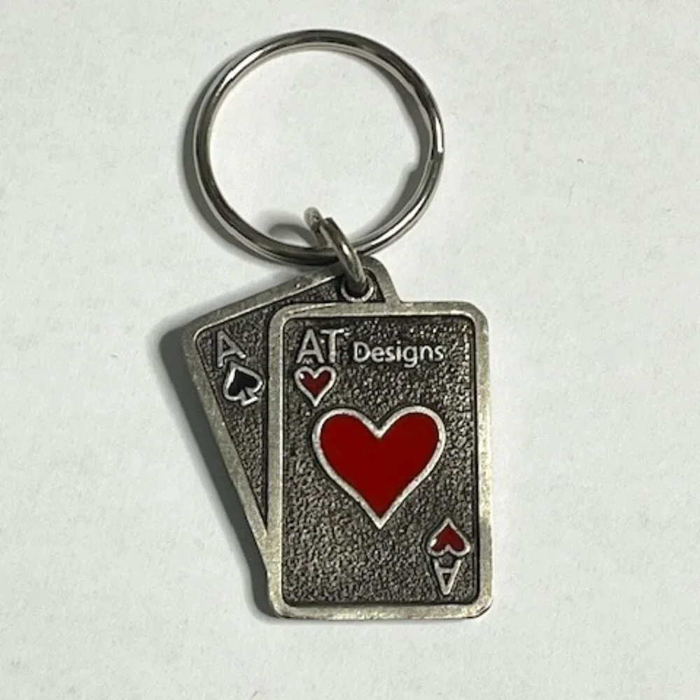 3D Ace of Hearts Playing Card Metal Pewter Key Chain Ring Clip 2.5